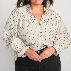 Old Navy Puff-Sleeve Clip-Dot Henley Swing Blouse Size XXL Cream/Black NWT